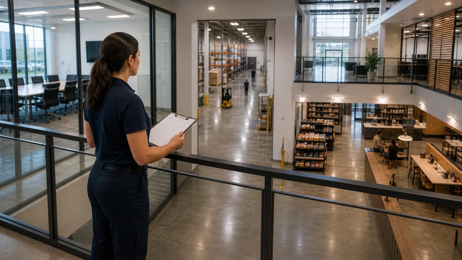 Commercial cleaning supervisor reviewing a modern mixed-use business facility