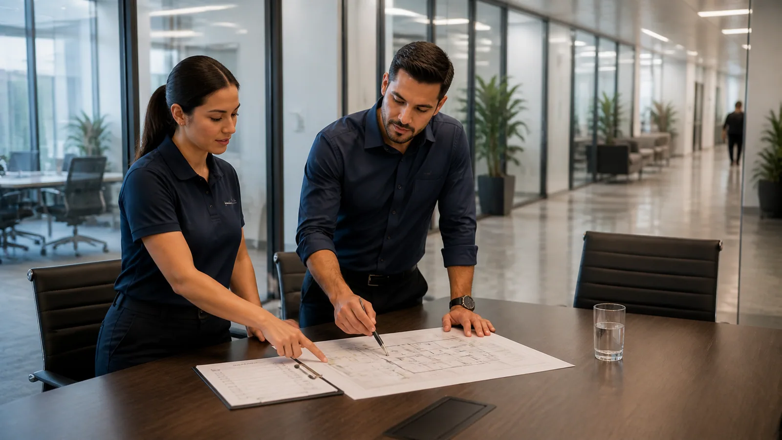 Facility manager and commercial cleaning supervisor reviewing a building checklist