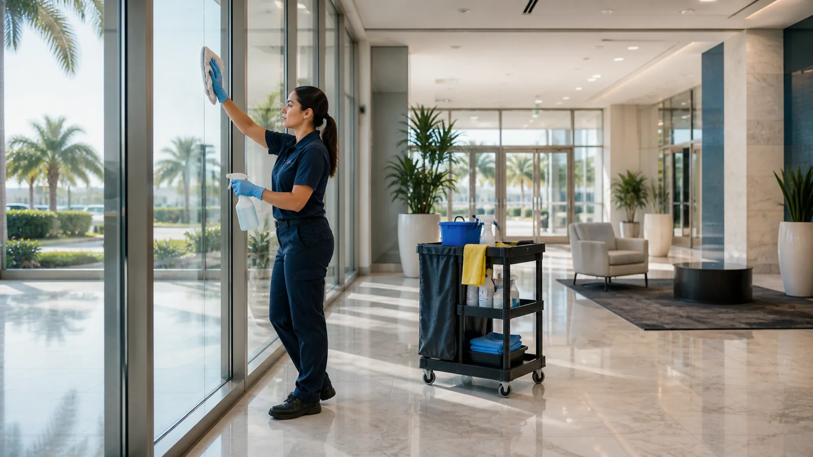 Commercial cleaner detailing a bright Florida professional-building lobby