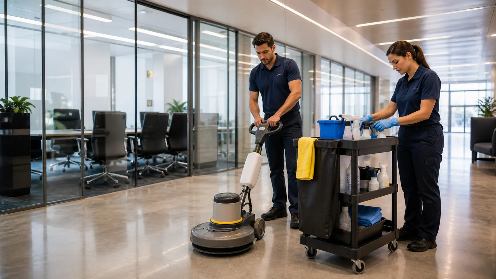 Commercial cleaning team preparing professional equipment in a modern office atrium