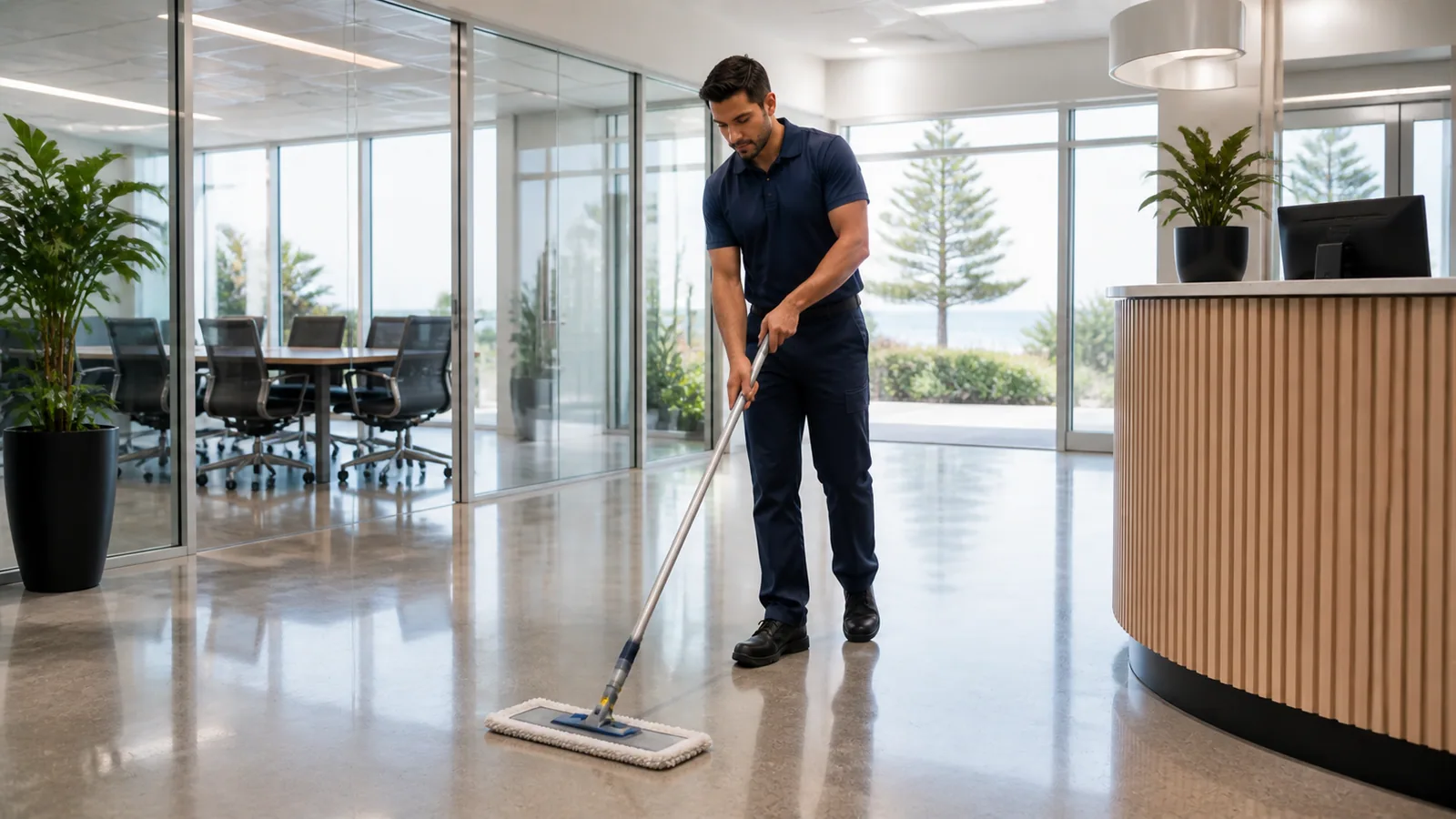 Commercial cleaner working in a Melbourne Beach professional facility