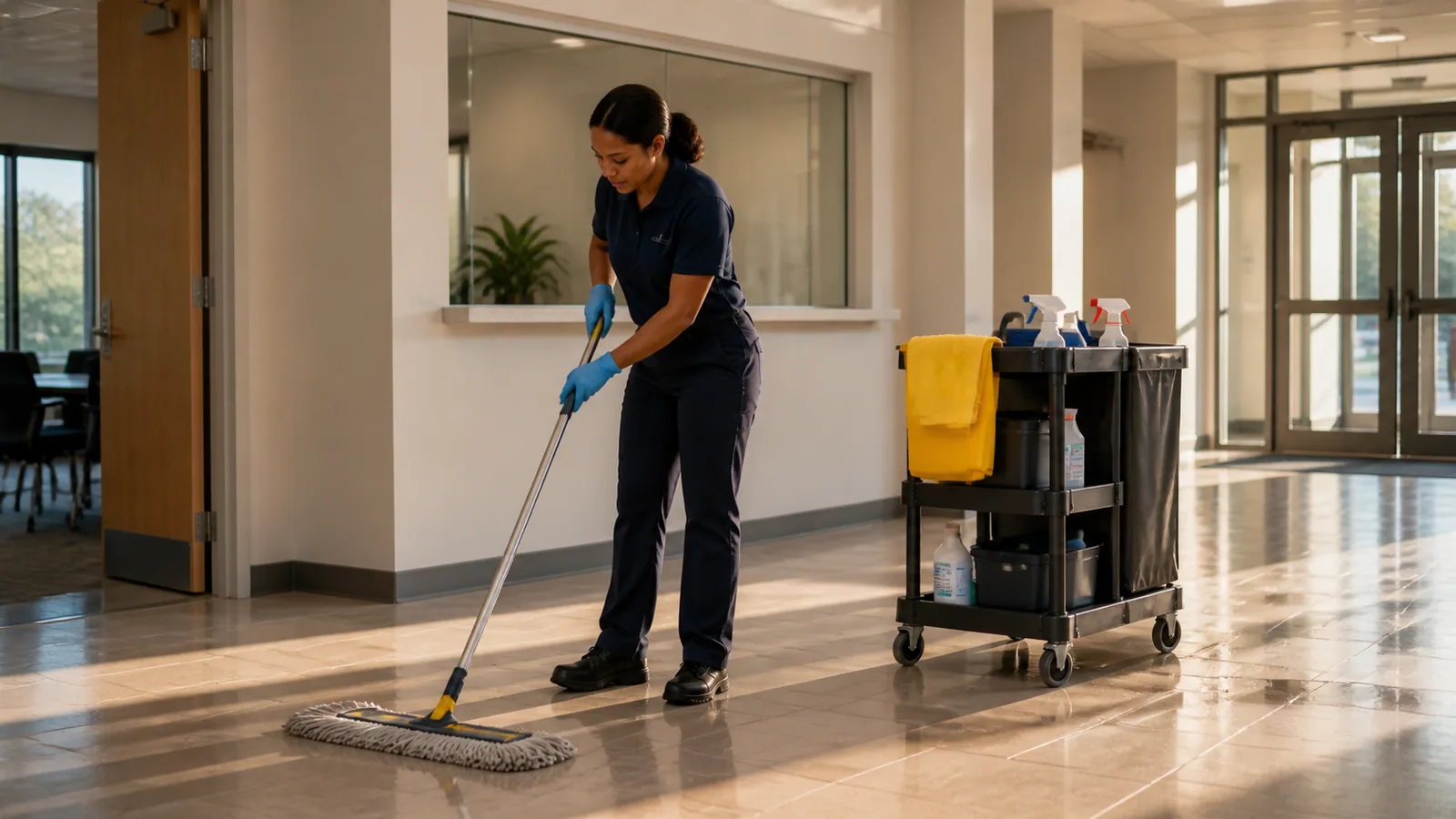 Commercial cleaner working in a Mims professional facility