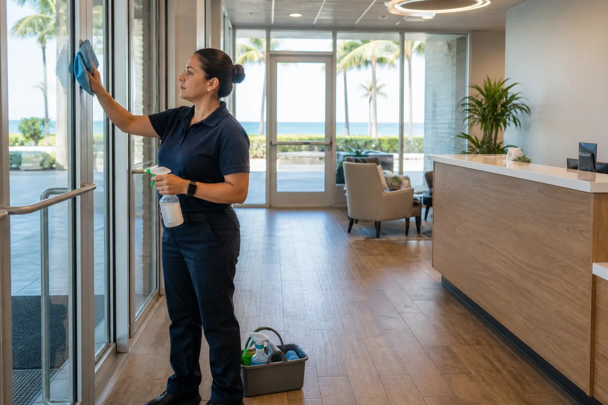 Commercial cleaner detailing glass in a Cocoa Beach customer-facing professional lobby