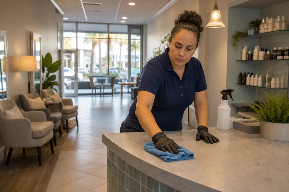 Commercial cleaner detailing a customer counter in an Indialantic retail and wellness interior