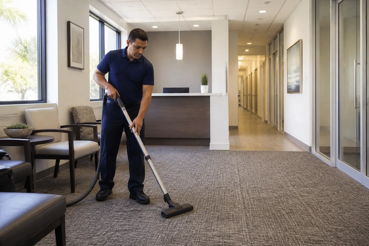 Commercial cleaner vacuuming an Indian Harbour Beach professional-office reception area