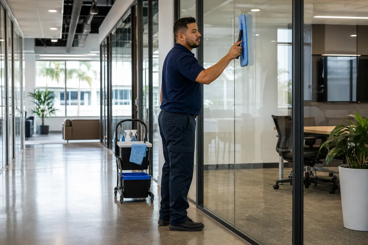 Commercial cleaner detailing glass inside a Melbourne professional office lobby