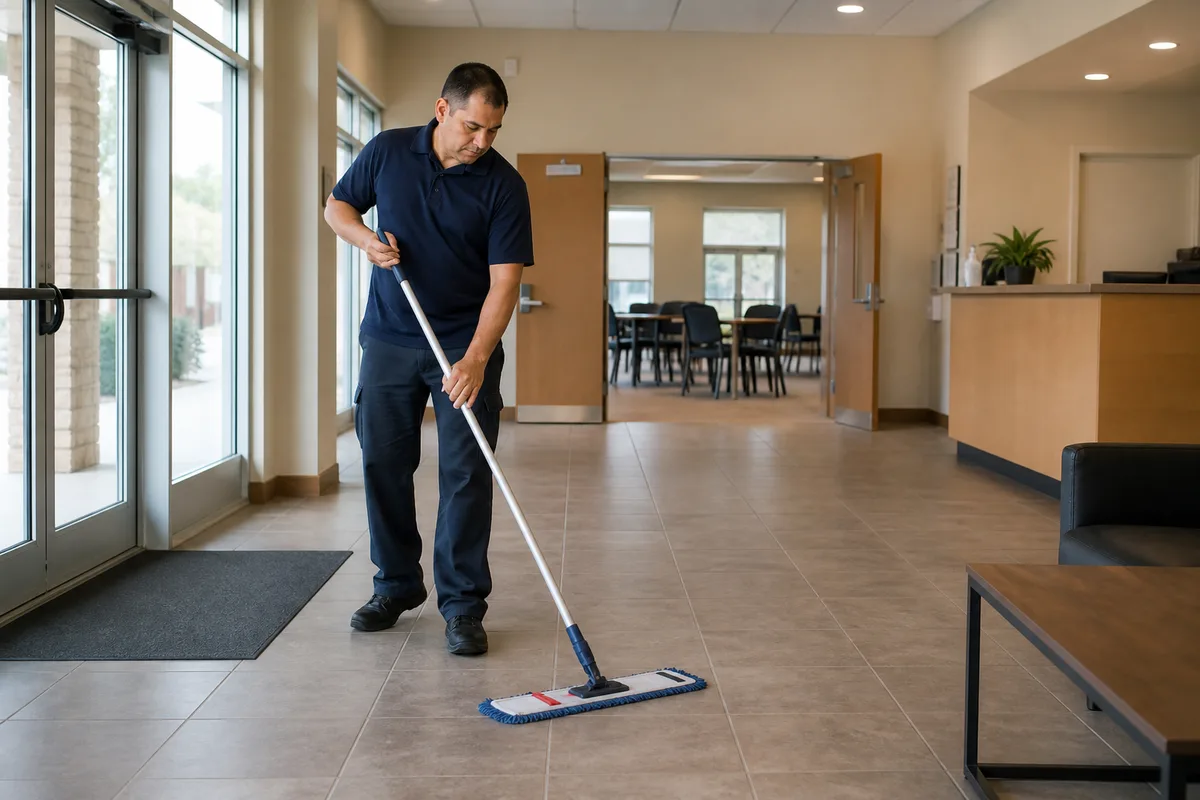 Commercial cleaner mopping an empty Mims community and professional-facility lobby