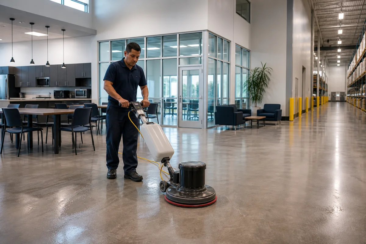 Commercial cleaner using a floor machine in a large Palm Bay operational facility common area