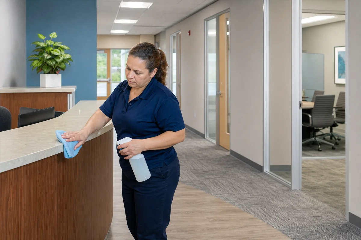 Commercial cleaner detailing the reception counter of a Rockledge professional building