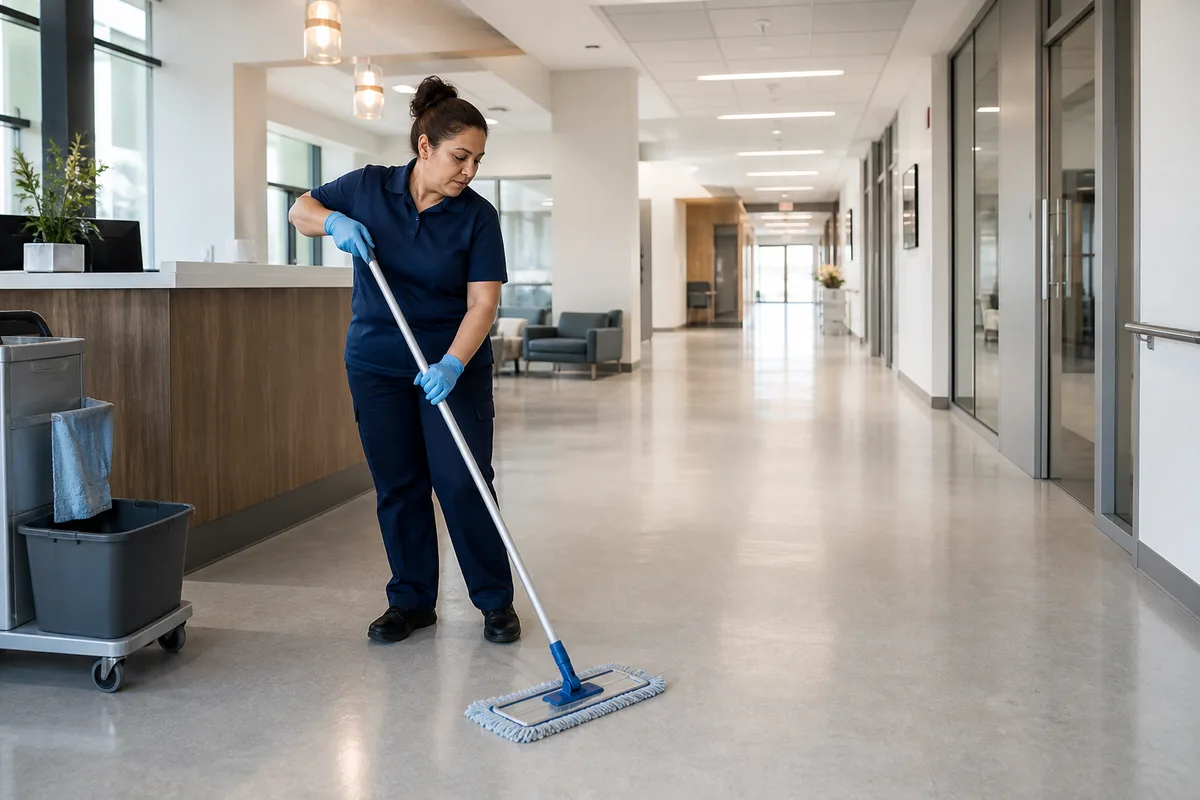 Commercial cleaner mopping a modern Viera professional and medical-office corridor