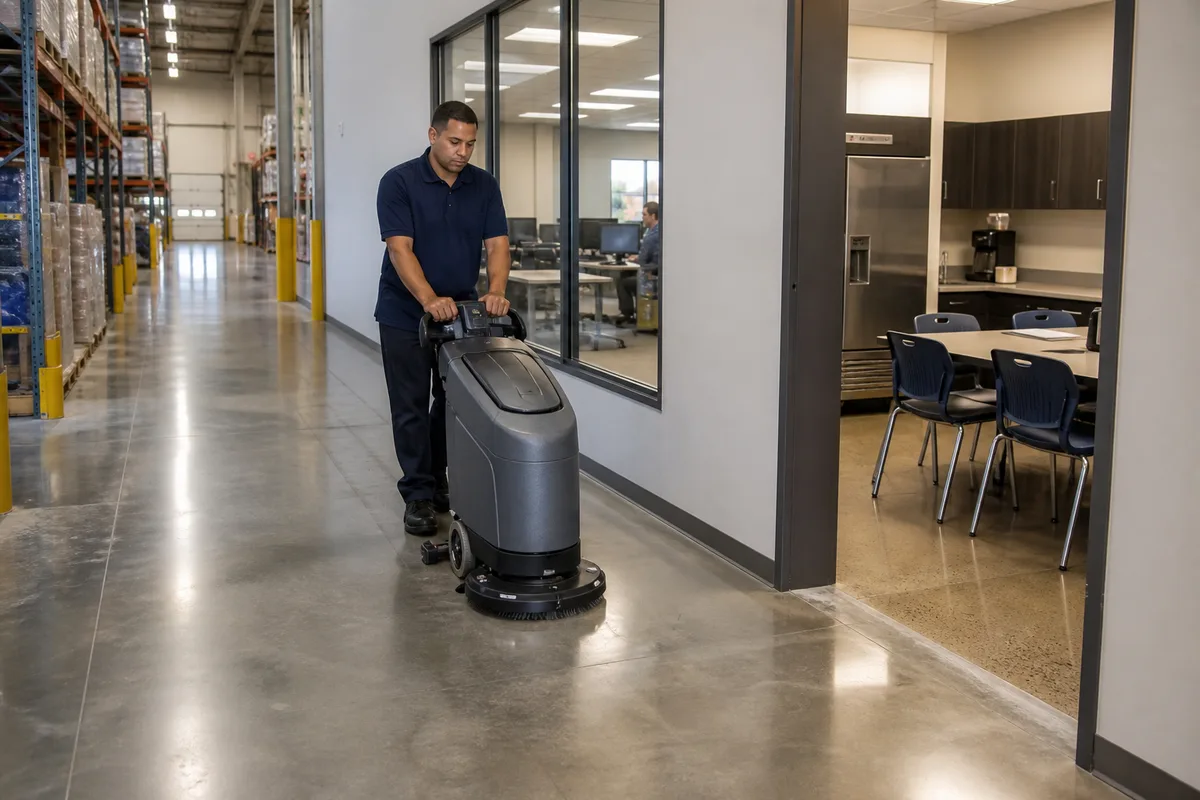 Commercial cleaner operating a floor scrubber in a West Melbourne flex facility corridor